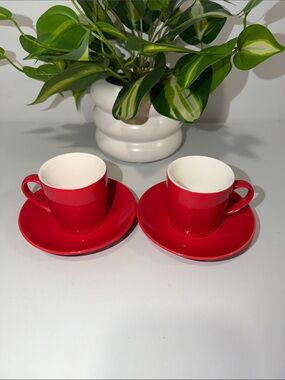 BIA Red White Espresso Cups and Saucers x 2